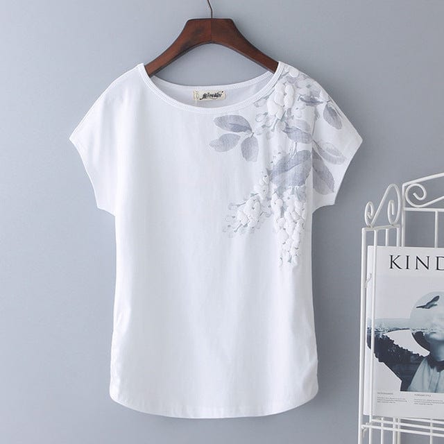 Spruced Roost Womens clothing white / 4XL Leaves and Petals Short Sleeve Top 95% Cotton - M-4XL - 4 Colors