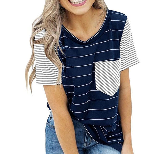 Spruced Roost Womens Clothing navyblue / XXL / United States Striped T Shirt Women O-neck Short Sleeve Tee - S-2XL - 6 Colors
