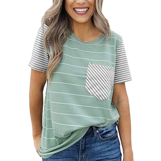 Spruced Roost Womens Clothing green / XXL / United States Striped T Shirt Women O-neck Short Sleeve Tee - S-2XL - 6 Colors