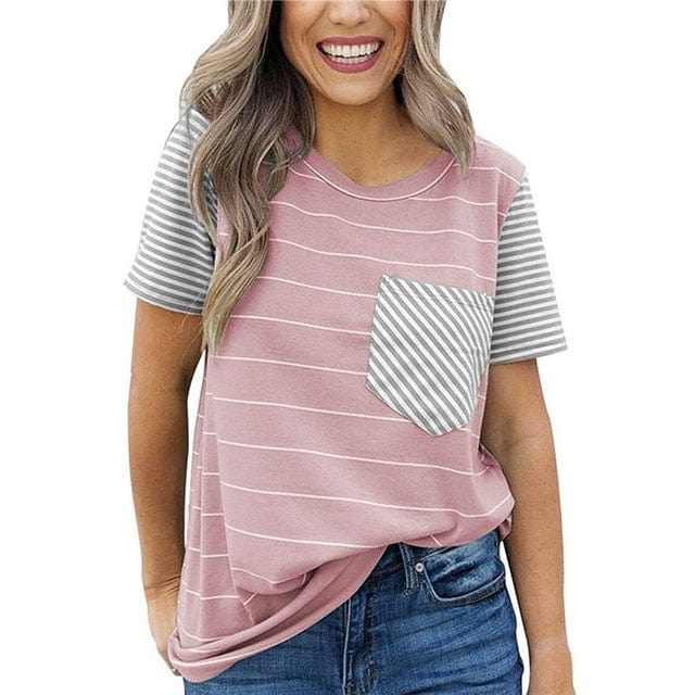 Spruced Roost Womens Clothing pink / M / United States Striped T Shirt Women O-neck Short Sleeve Tee - S-2XL - 6 Colors