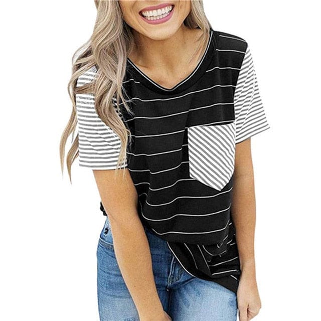 Spruced Roost Womens Clothing black / XL / United States Striped T Shirt Women O-neck Short Sleeve Tee - S-2XL - 6 Colors