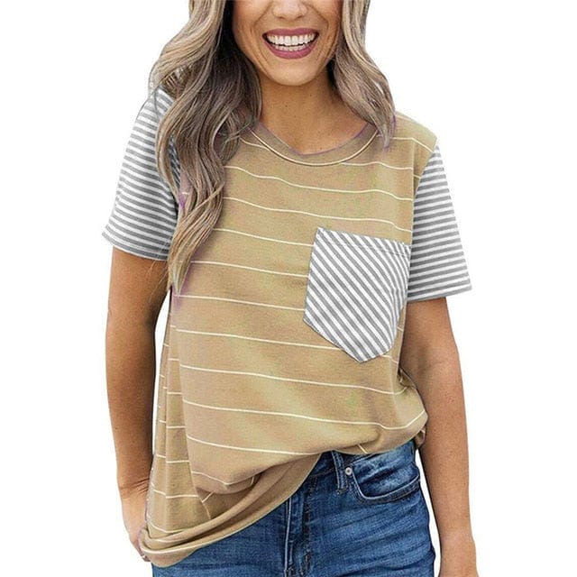 Spruced Roost Womens Clothing coffee / L / United States Striped T Shirt Women O-neck Short Sleeve Tee - S-2XL - 6 Colors