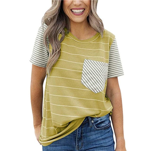 Spruced Roost Womens Clothing kahki / XXL / United States Striped T Shirt Women O-neck Short Sleeve Tee - S-2XL - 6 Colors